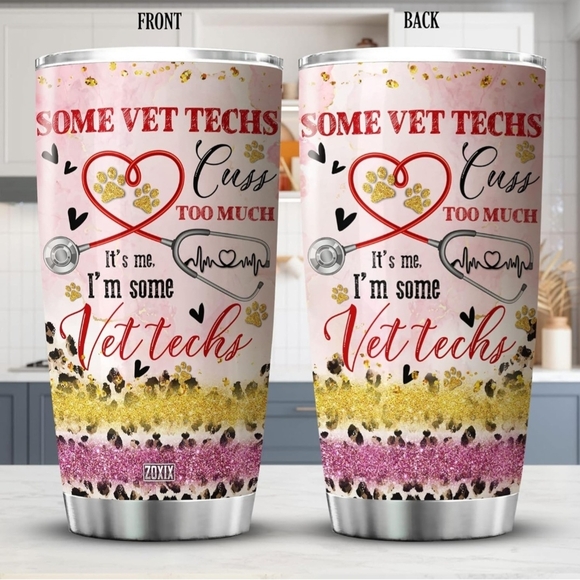 Vet Tech Themed Stainless Steel Tumbler with Glitter Design - White and Pink - Picture 3 of 5